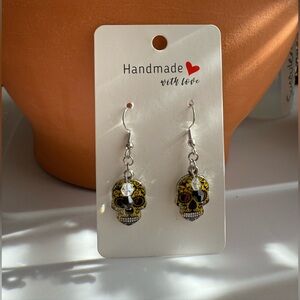 Handmade Skull Earrings with Yellow and Black Design